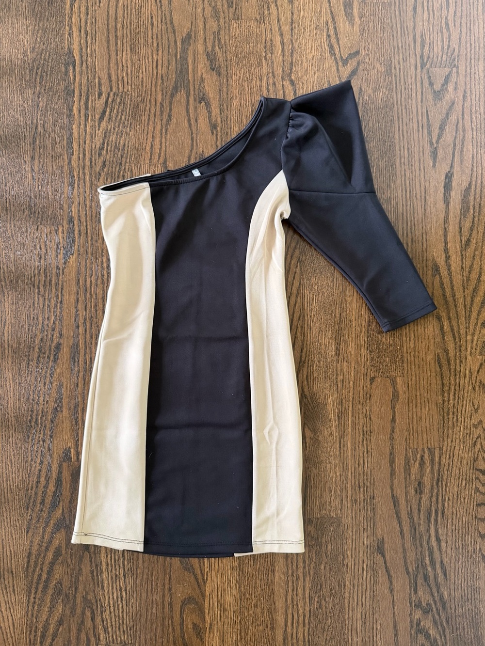 Trac Black and Cream One-Shoulder Colorblock Dress